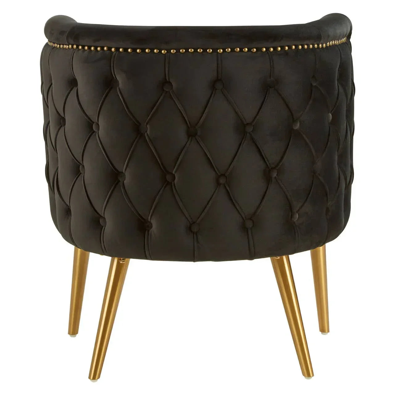 Black velvet accent chair with gold metal legs and button-tufted backrest