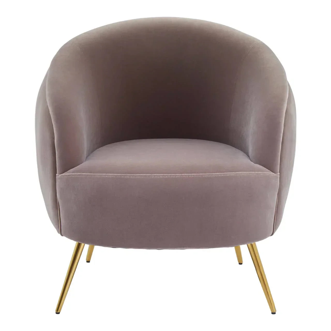 Taupe velvet accent chair with gold metal legs, front view