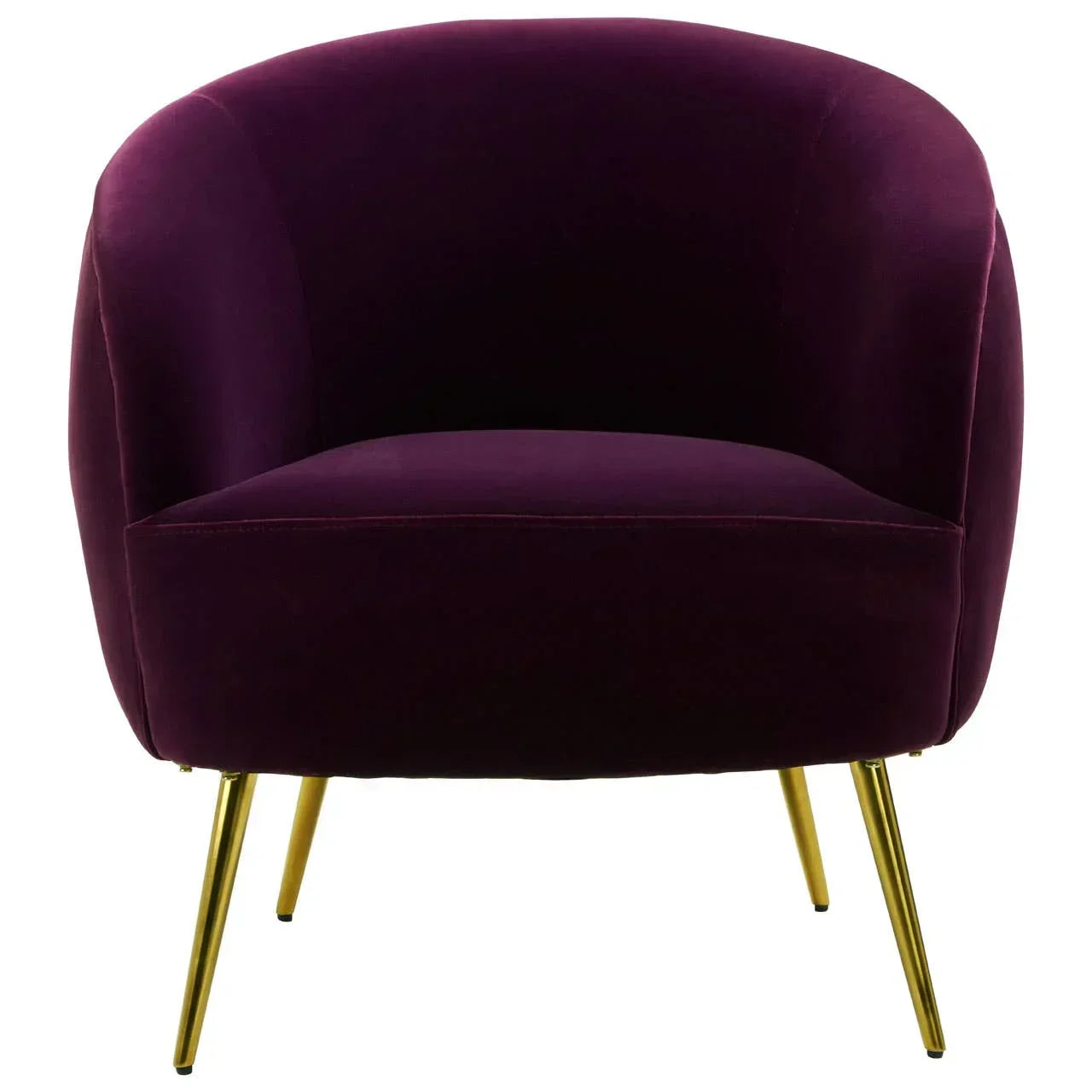 Plum velvet accent chair with curved backrest and gold metal legs, front view