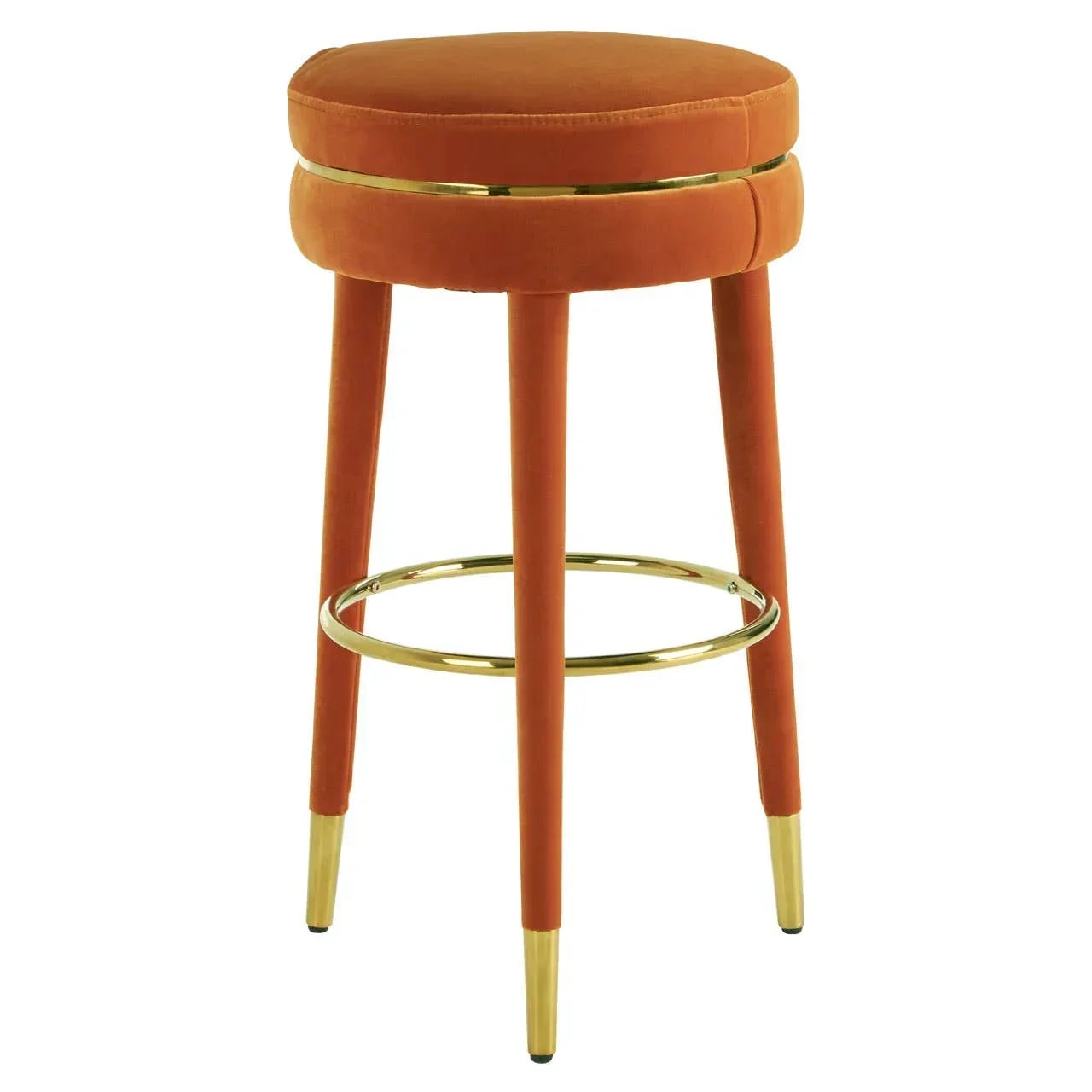 Orange velvet bar stool with gold metal footrest and legs