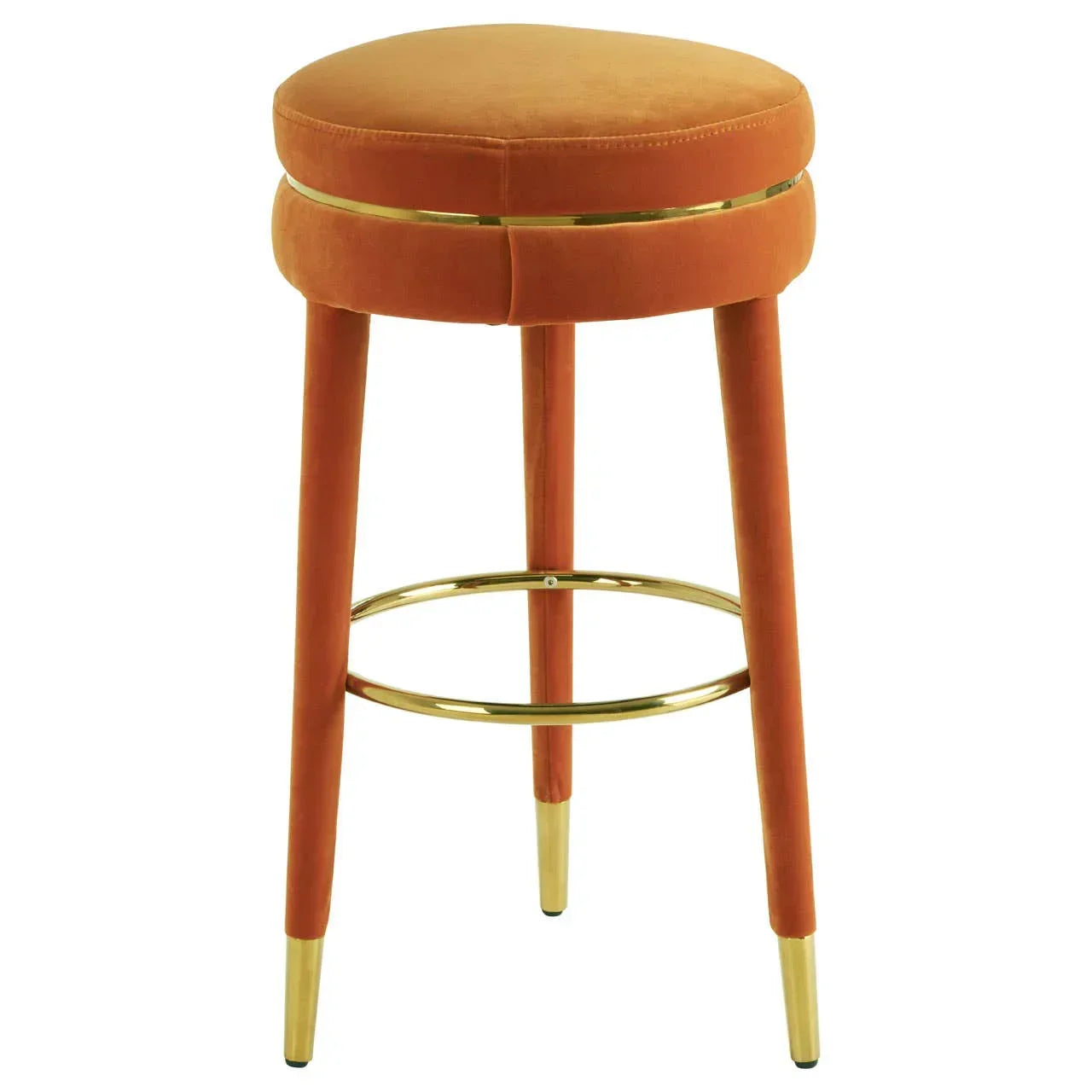 Orange velvet bar stool with gold metal accents and circular footrest