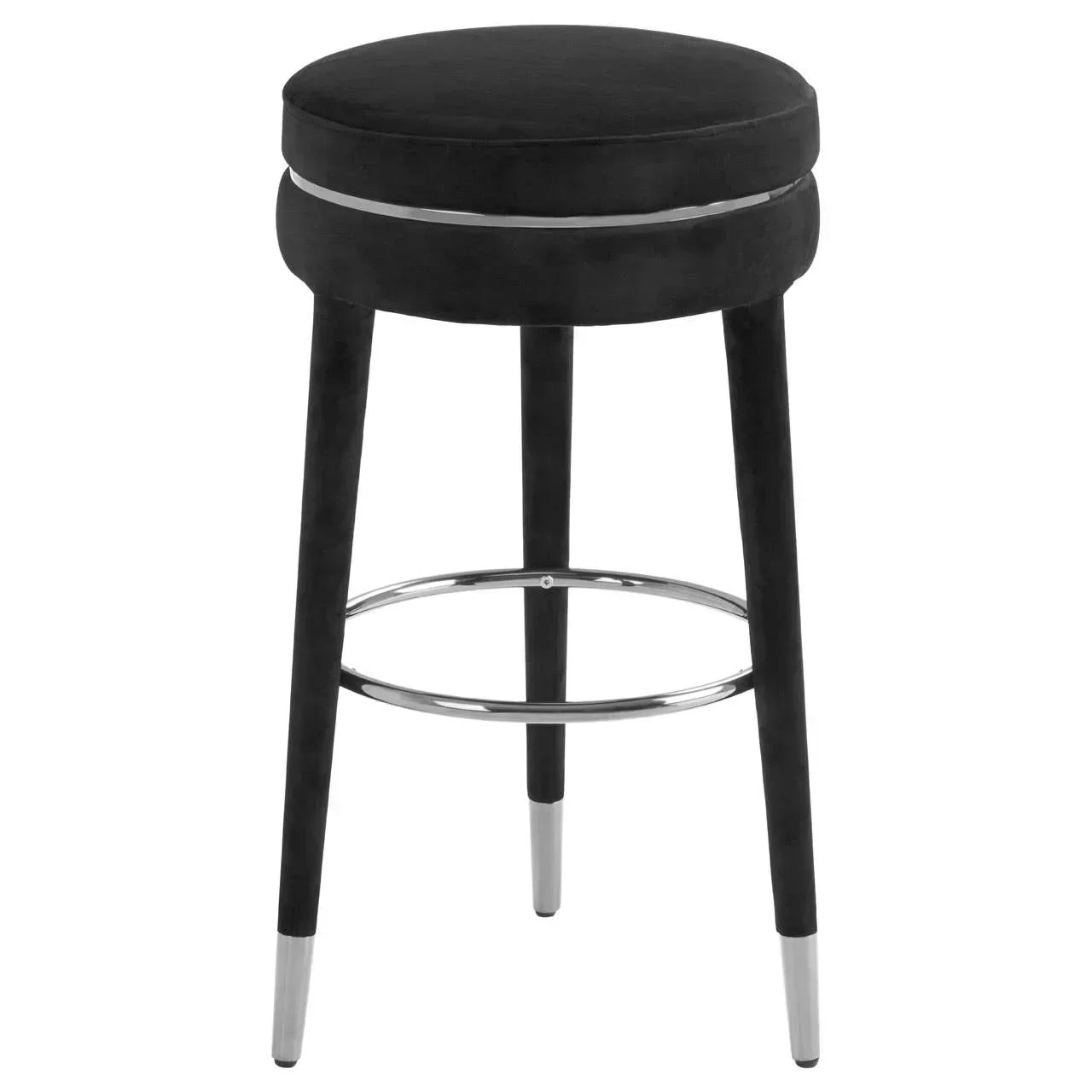 Black velvet bar stool with chrome footrest and metal capped legs