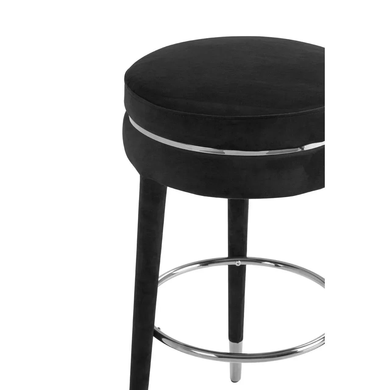 Black fabric bar stool with chrome ring footrest and round padded seat