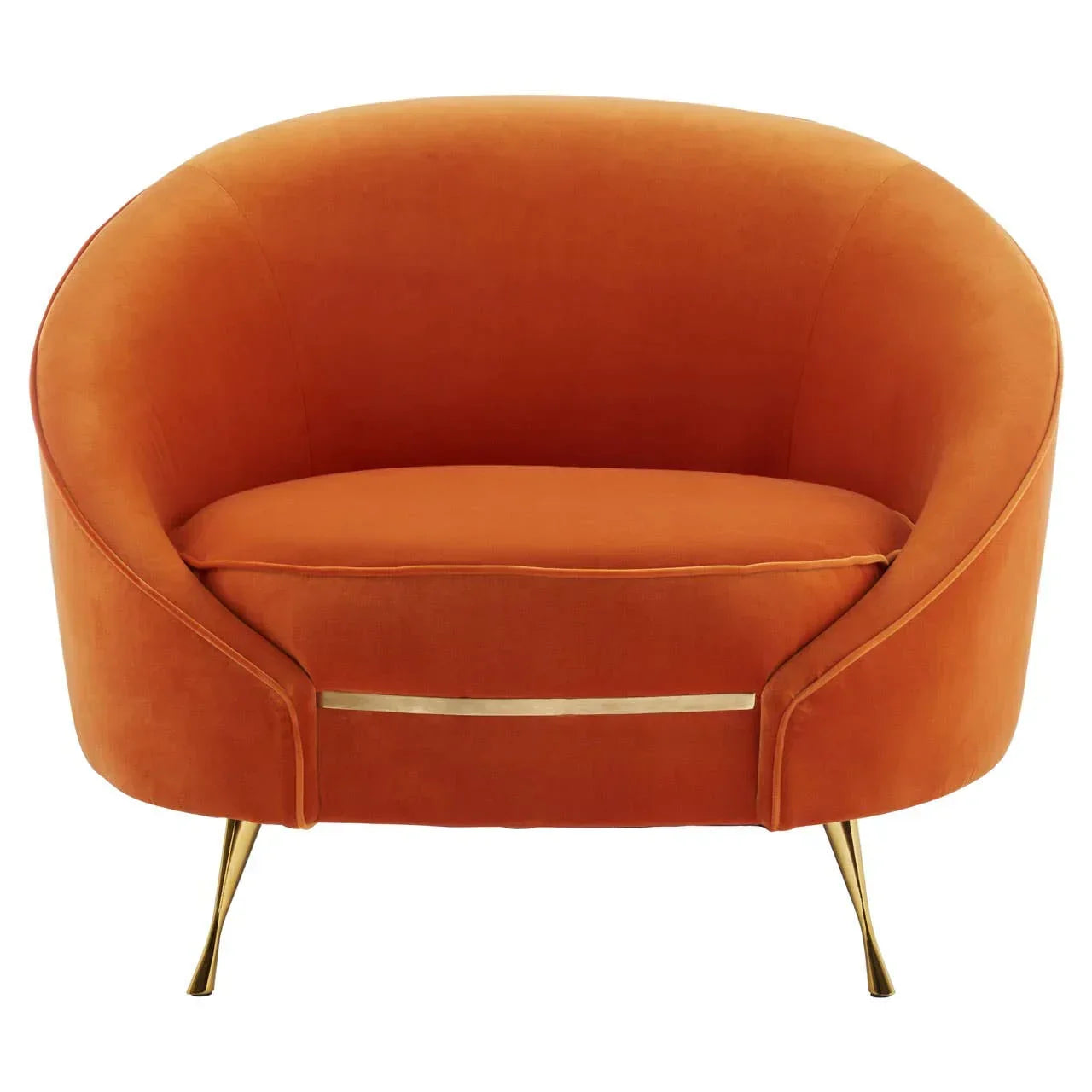 Orange velvet accent chair with gold legs and curved backrest