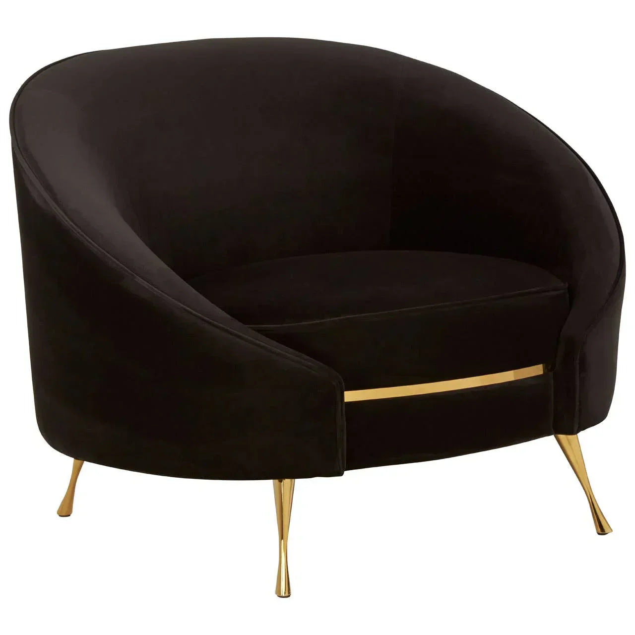 Black velvet accent chair with gold legs and curved backrest