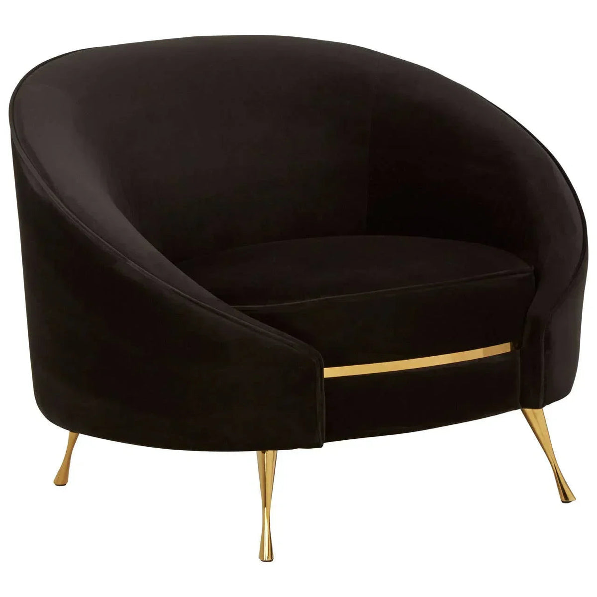 Black velvet barrel-shaped armchair with gold slim tapered legs, angled view