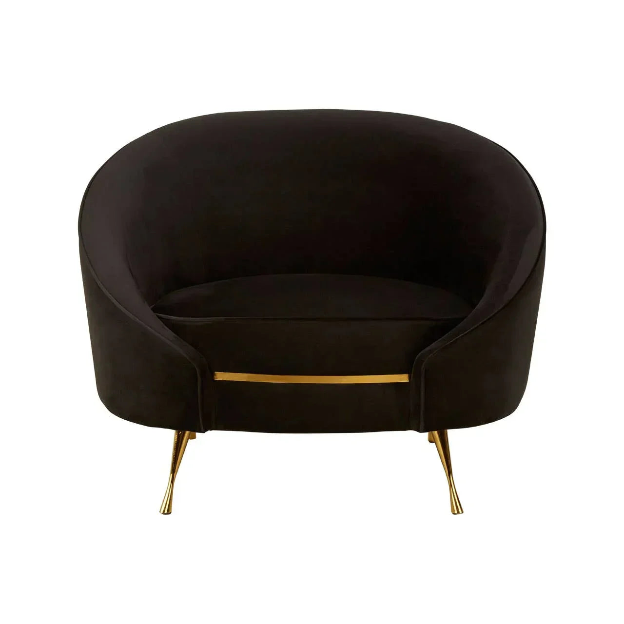Black velvet accent chair with curved back and gold metal legs, front view