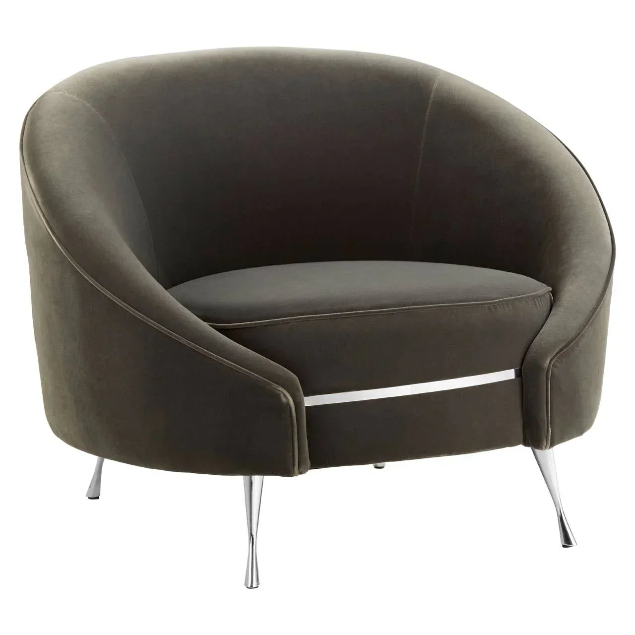Dark grey velvet armchair with curved back and chrome legs, front angle view