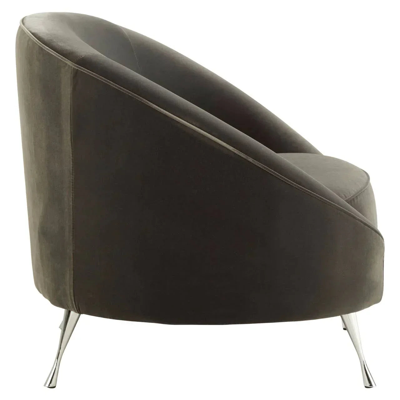 Dark grey velvet accent chair with curved back and chrome legs, side view