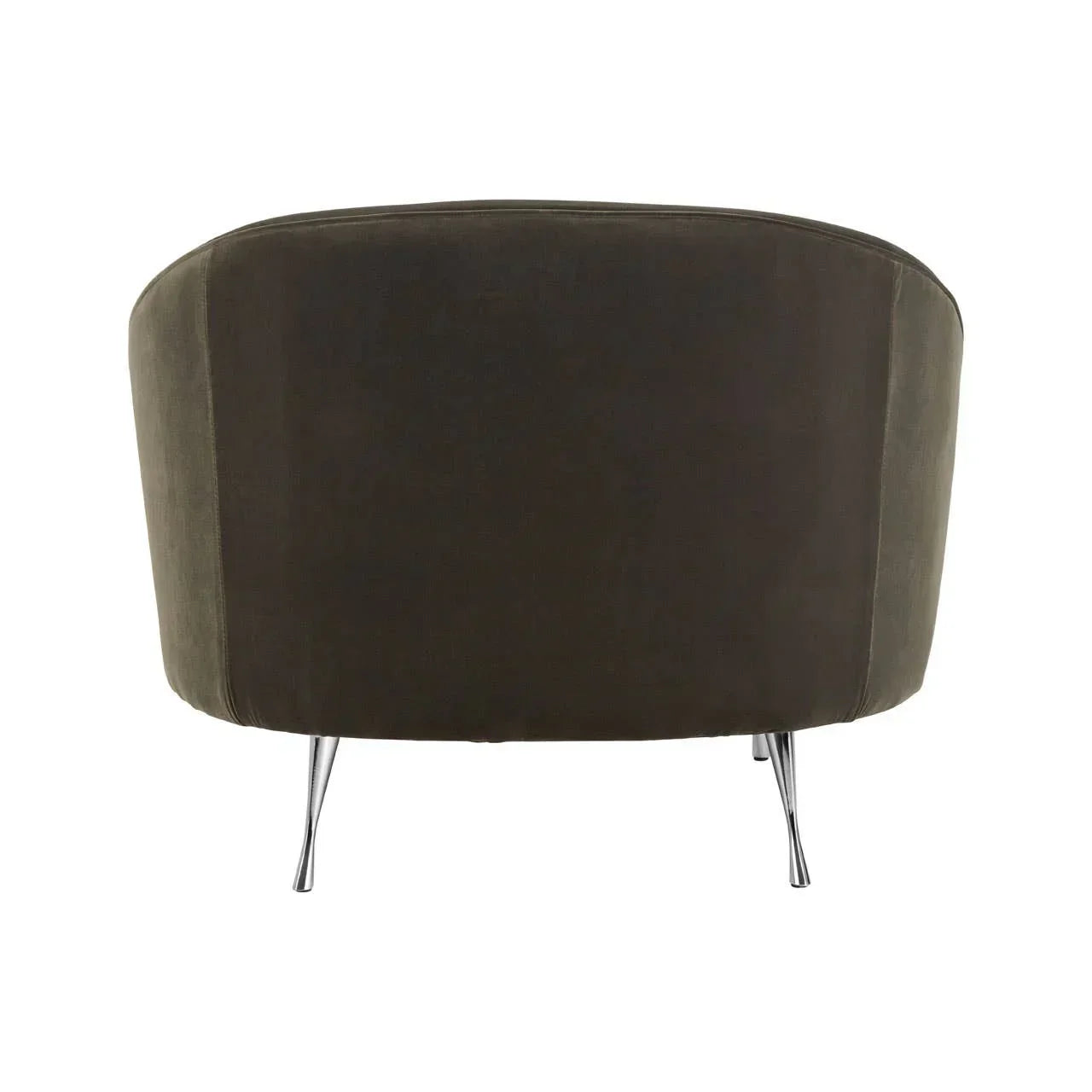 Back view of dark green velvet armchair with chrome legs