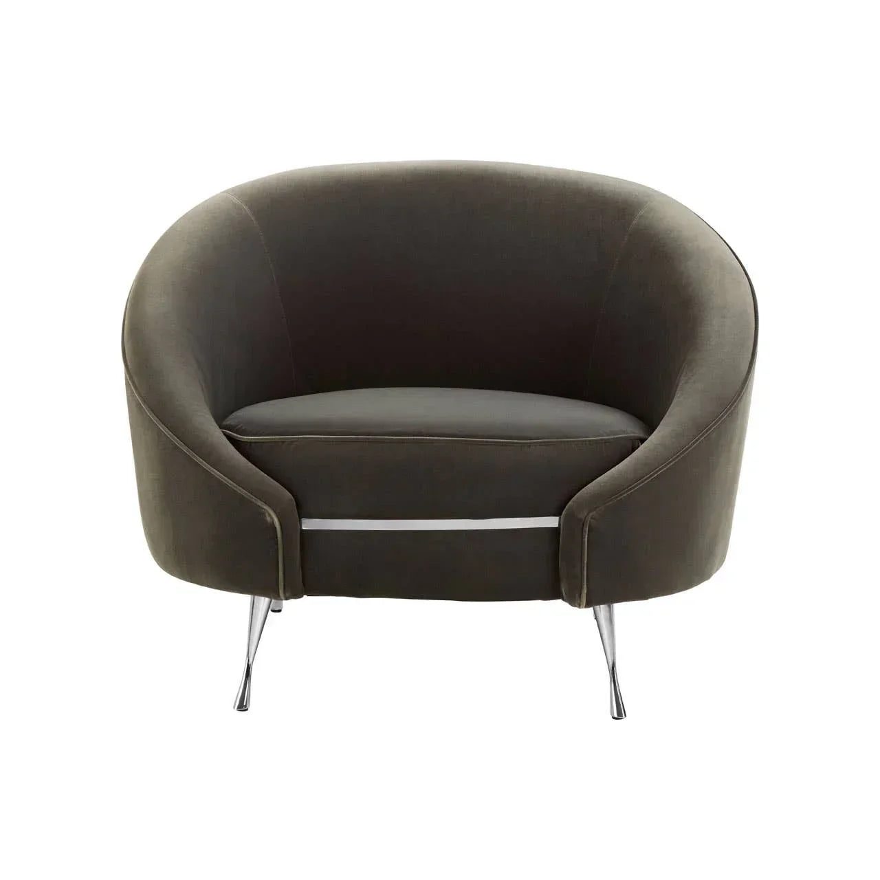 Dark grey velvet armchair with chrome legs and curved backrest on white background