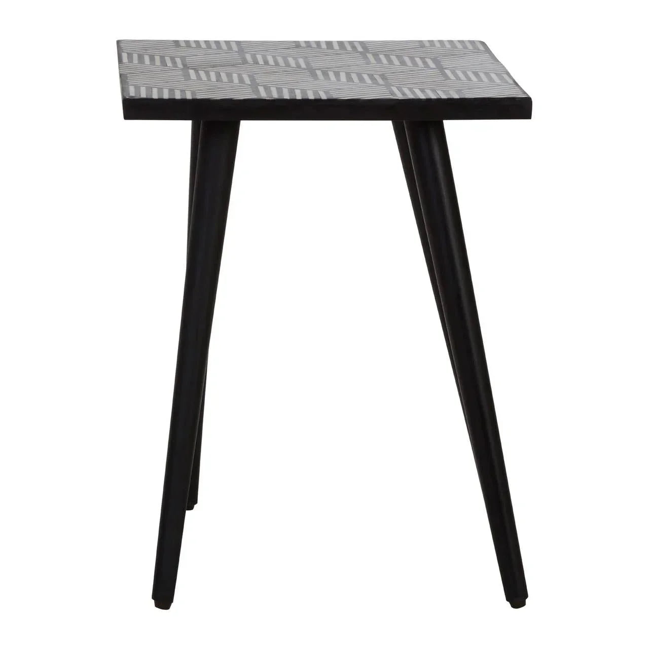Square side table with patterned black and white top and black angled legs