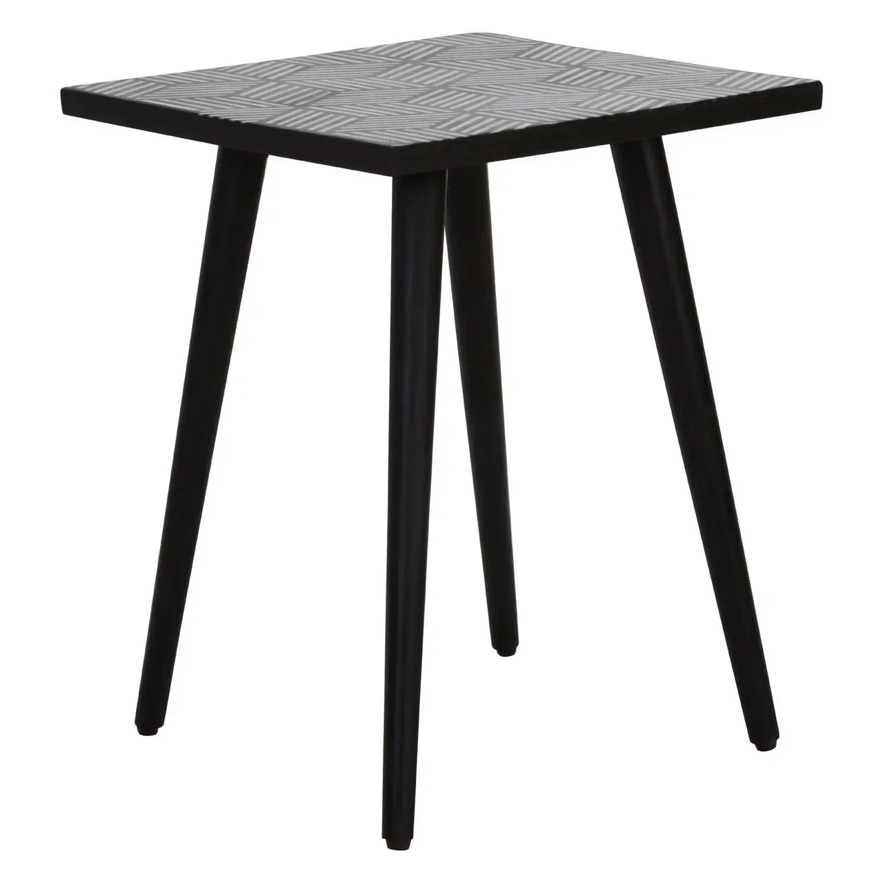 Square side table with black tapered legs and patterned top