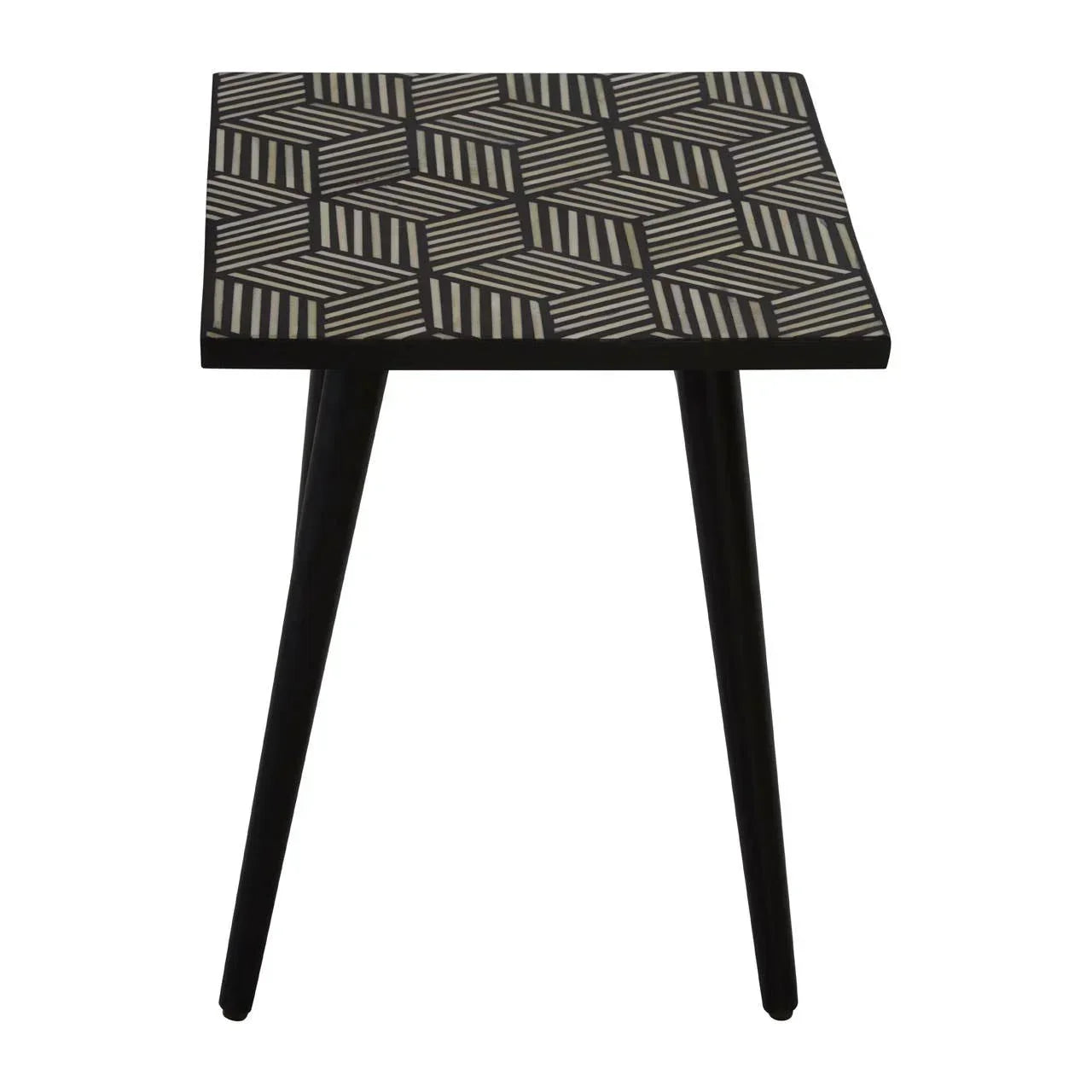 Black geometric patterned side table with angled legs, modern accent furniture