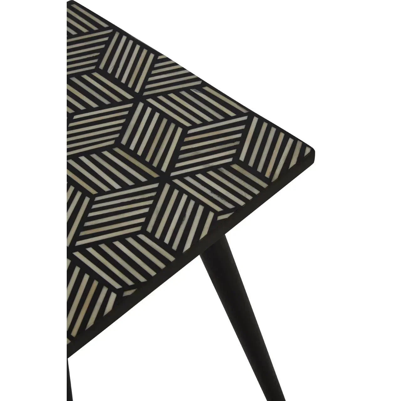 Geometric patterned side table with black and cream inlay and tapered black leg