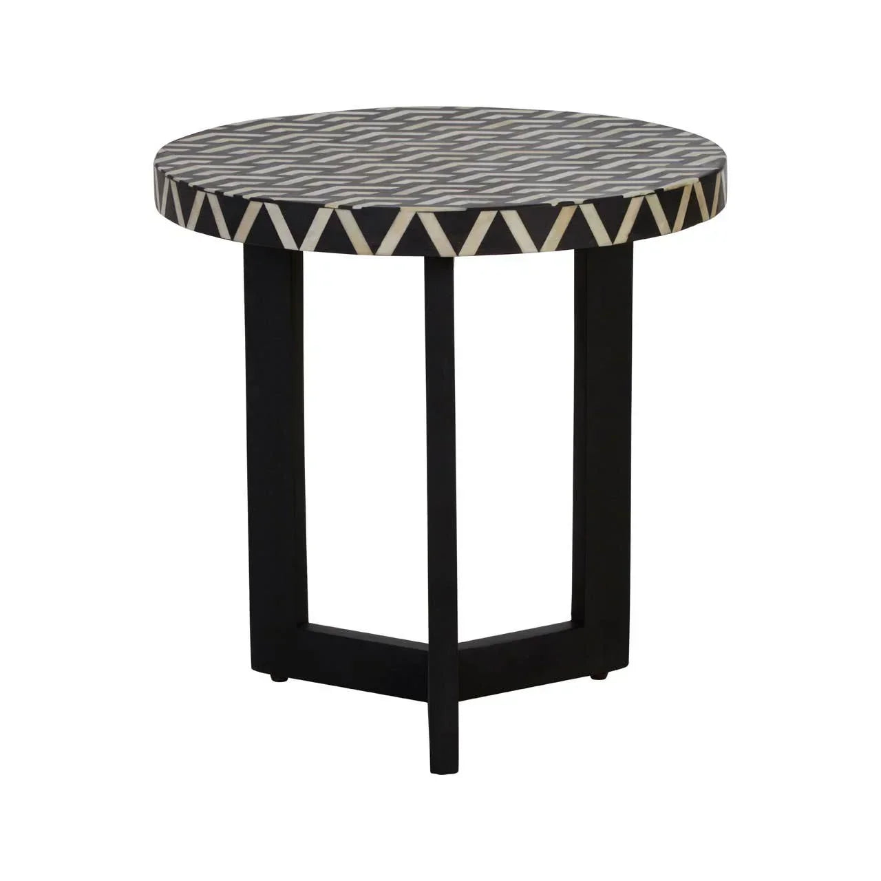 Round side table with black geometric patterned top and black legs