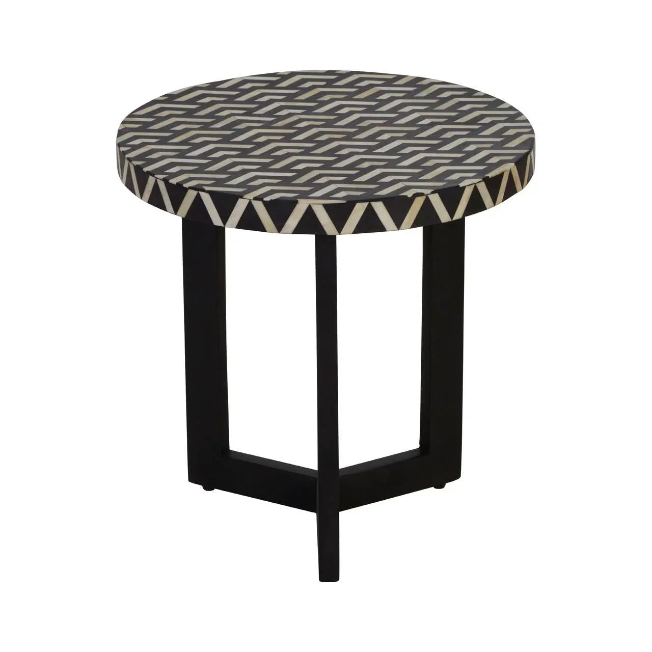 Round side table with black and white geometric pattern and black wooden legs