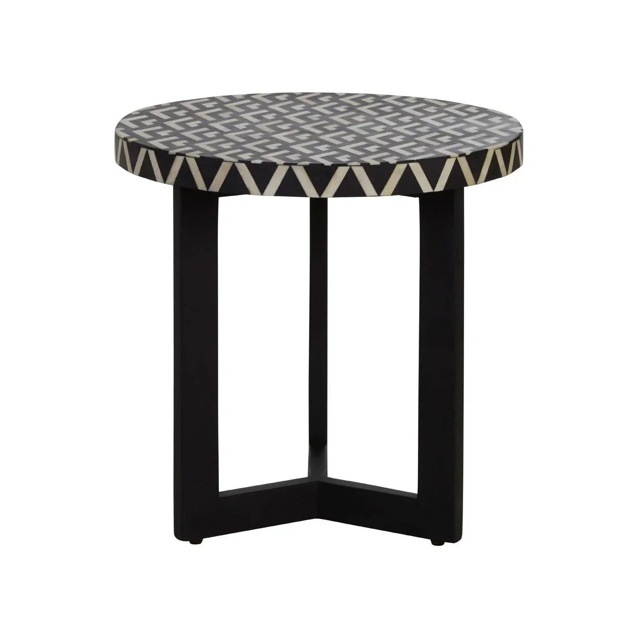 Round side table with black and white geometric pattern top and black tripod base