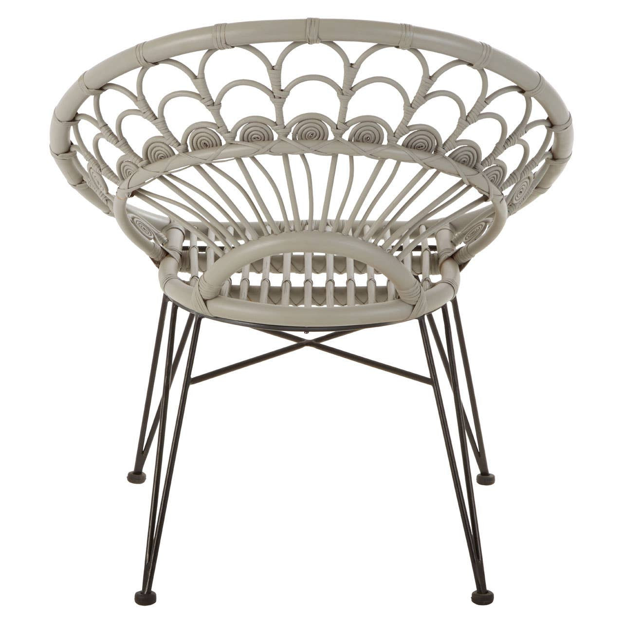 A round, grey natural rattan chair with a woven design and slender metal legs, showcasing a modern and airy aesthetic suitable for indoor or outdoor use