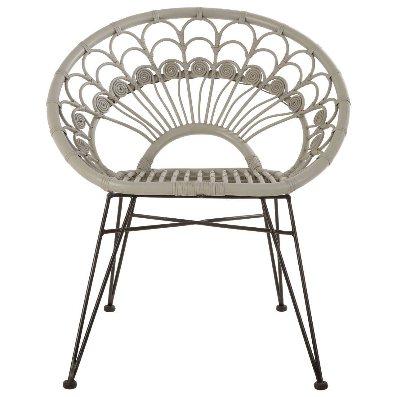 A grey natural rattan chair with a curved backrest featuring a fan-like design, supported by slender black metal legs. The chair has a minimalist and modern aesthetic, suitable for indoor or outdoor use