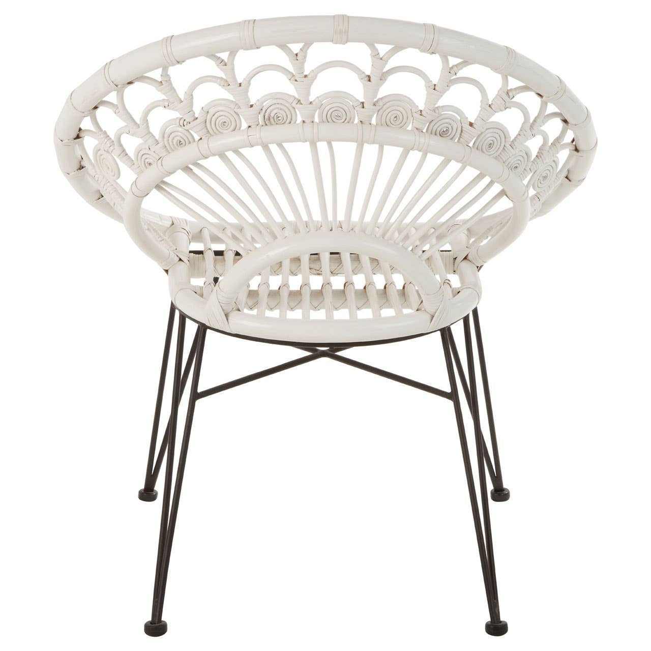 A round white rattan chair with a natural woven design, featuring a curved backrest and metal legs. The chair has a light, airy appearance, suitable for indoor or outdoor use