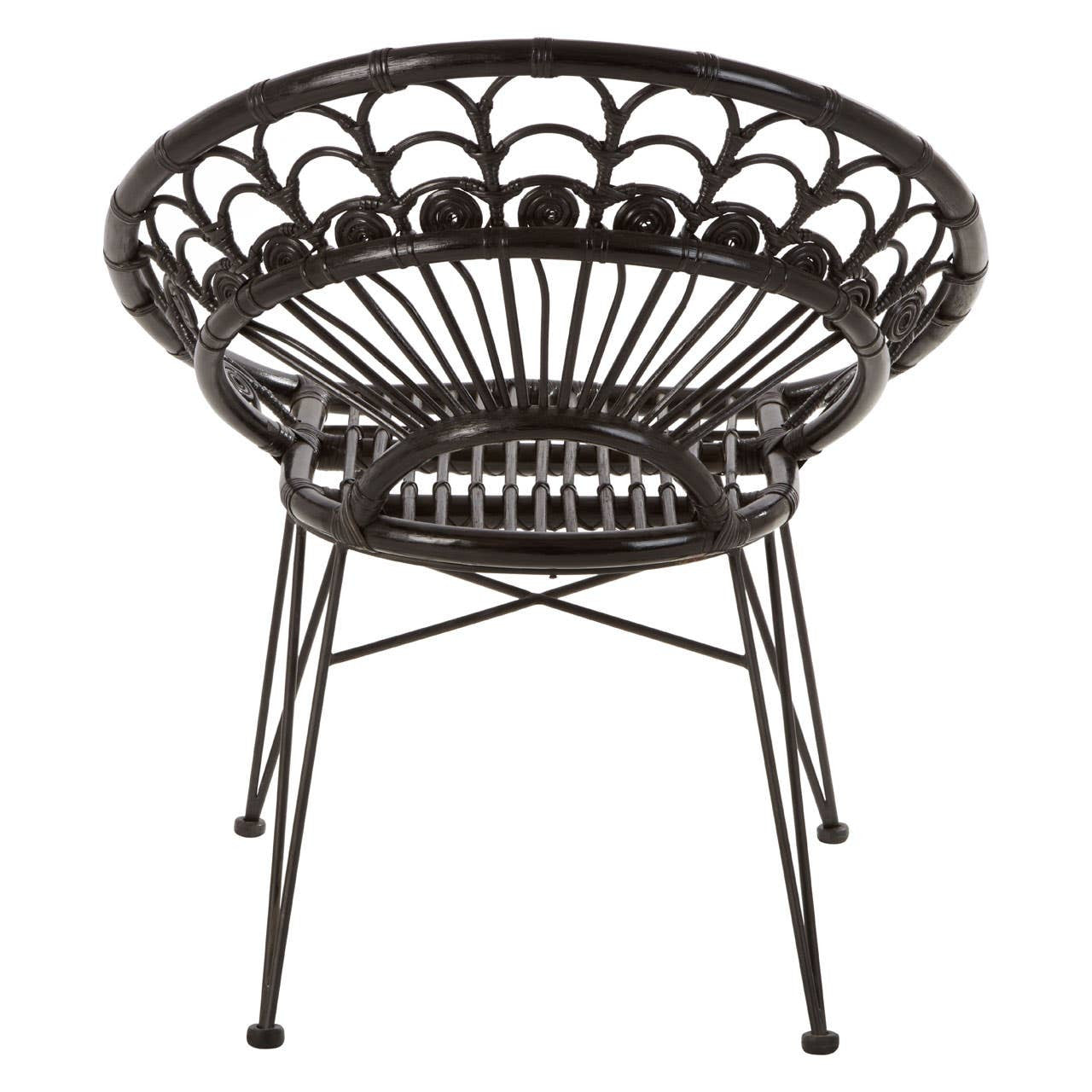 A round black rattan chair with a natural finish, featuring a woven design and slender metal legs, showcasing a modern and stylish look suitable for home decor
