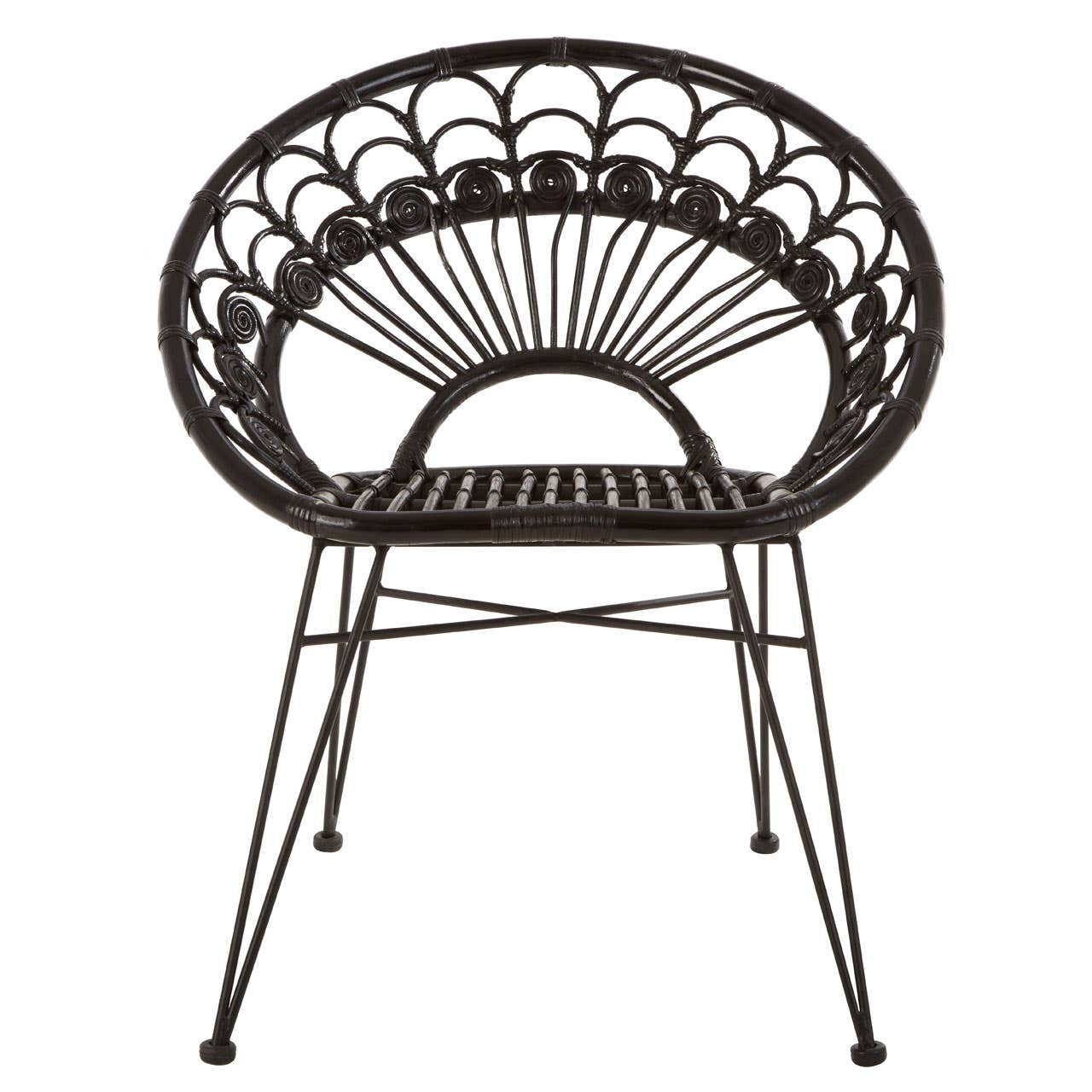 A black natural rattan chair with a rounded backrest featuring a fan-like design, supported by slender metal legs. The chair has a woven texture and a minimalist style, suitable for indoor or outdoor use