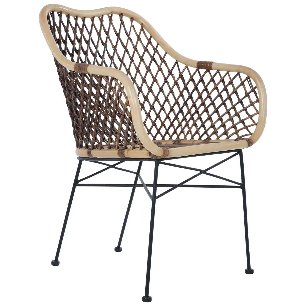 Rattan accent chair with woven backrest and black metal legs on white background