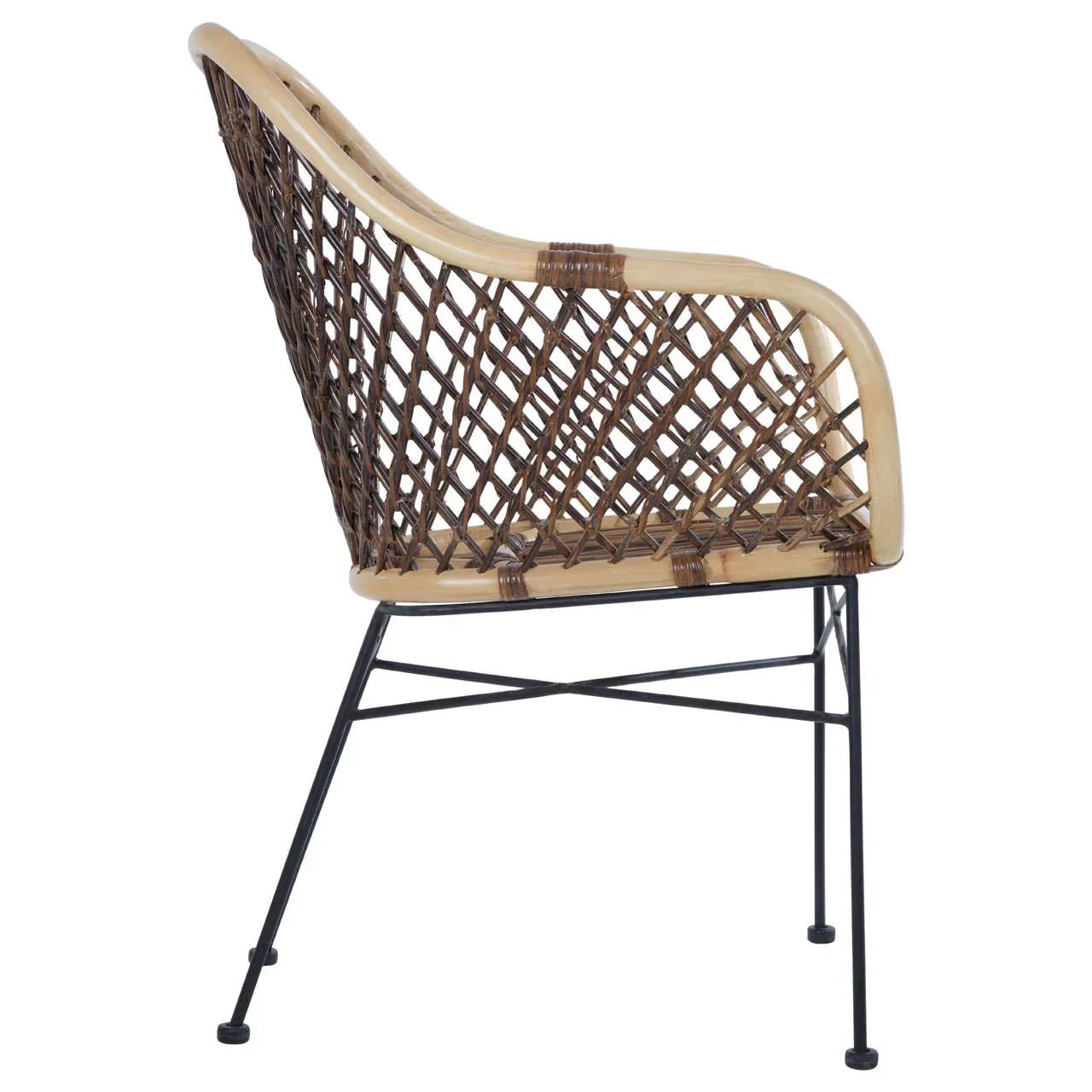 Side view of rattan accent chair with woven back and black metal legs