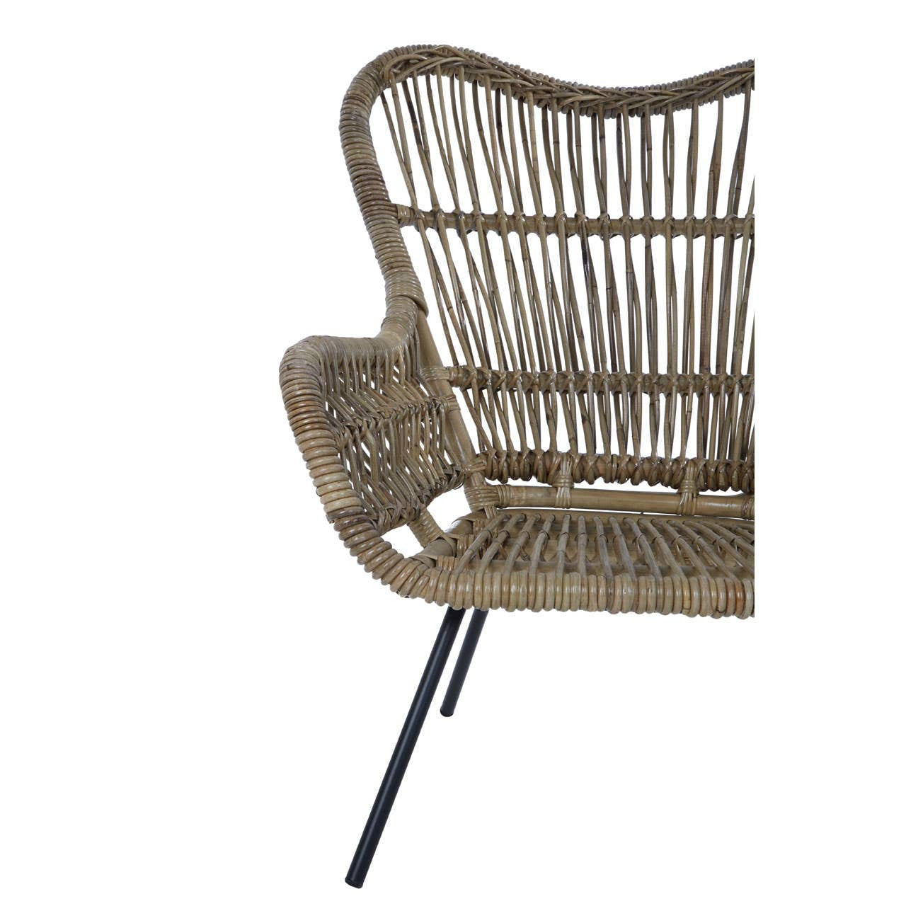 Natural rattan chair with a curved backrest and open weave design, featuring a light brown color and black metal legs for support. The chair has a unique, organic shape that adds a stylish touch to home decor