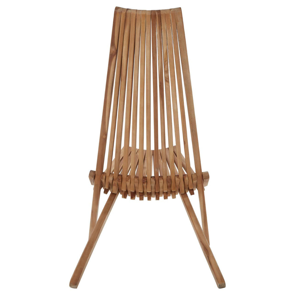 A tall, wooden lounge chair with a slatted backrest and seat, featuring a natural wood finish. The chair has a unique design with angled legs and a curved seat, emphasizing a modern and minimalist aesthetic