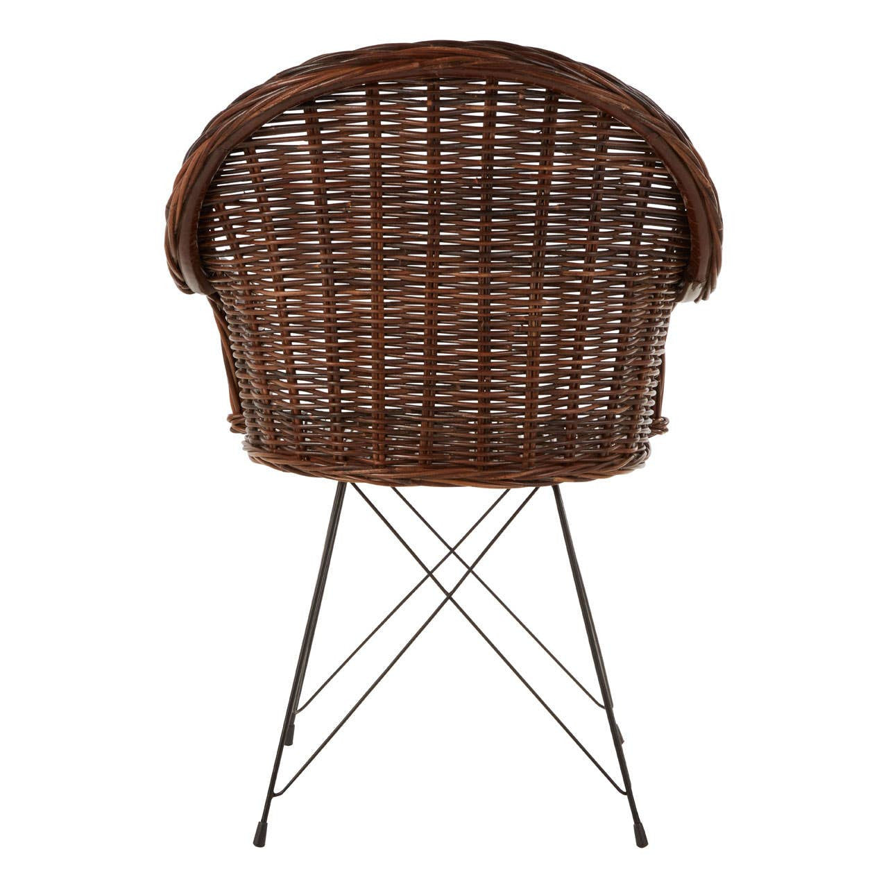 Natural croco rattan chair with a rounded backrest and a woven design, supported by slender metal legs in a crisscross pattern, showcasing a warm brown color