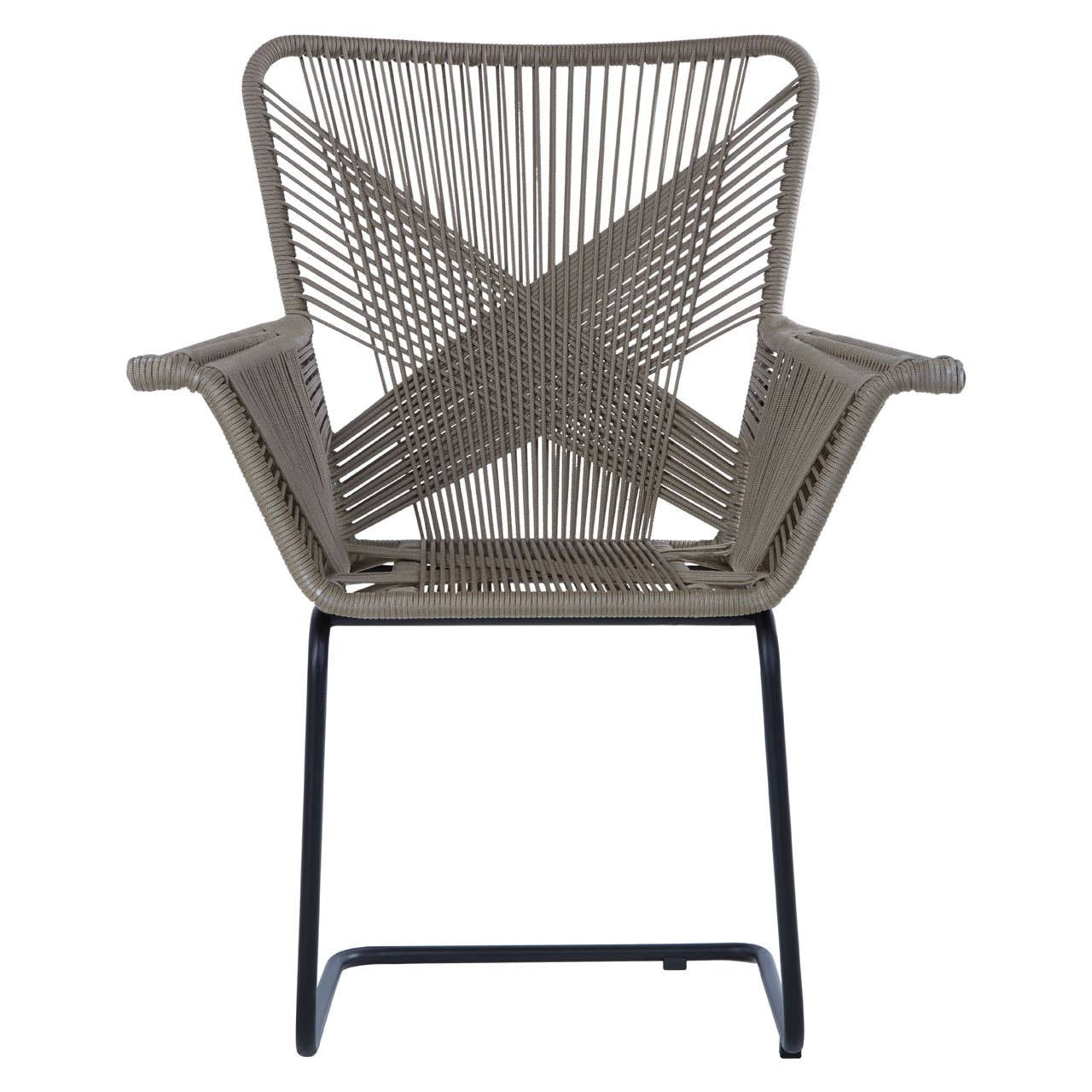 A stylish chair featuring a rattan effect design with a geometric pattern on the backrest, supported by a sleek black metal frame. The chair has wide armrests and a modern, open structure, suitable for both indoor and outdoor settings
