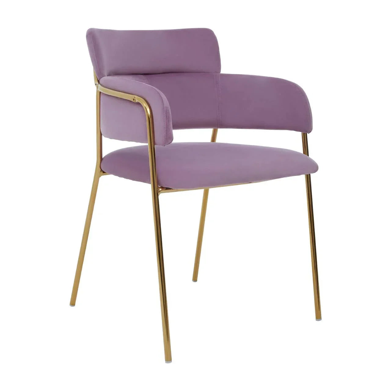 Purple velvet dining chair with gold metal legs and padded armrests