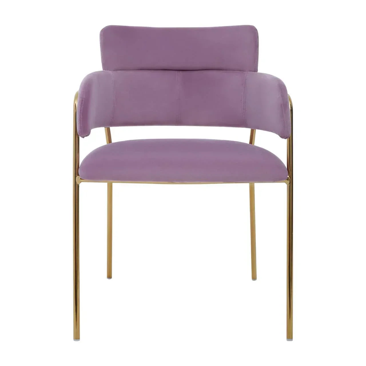 Purple velvet dining chair with gold metal legs, straight-on view