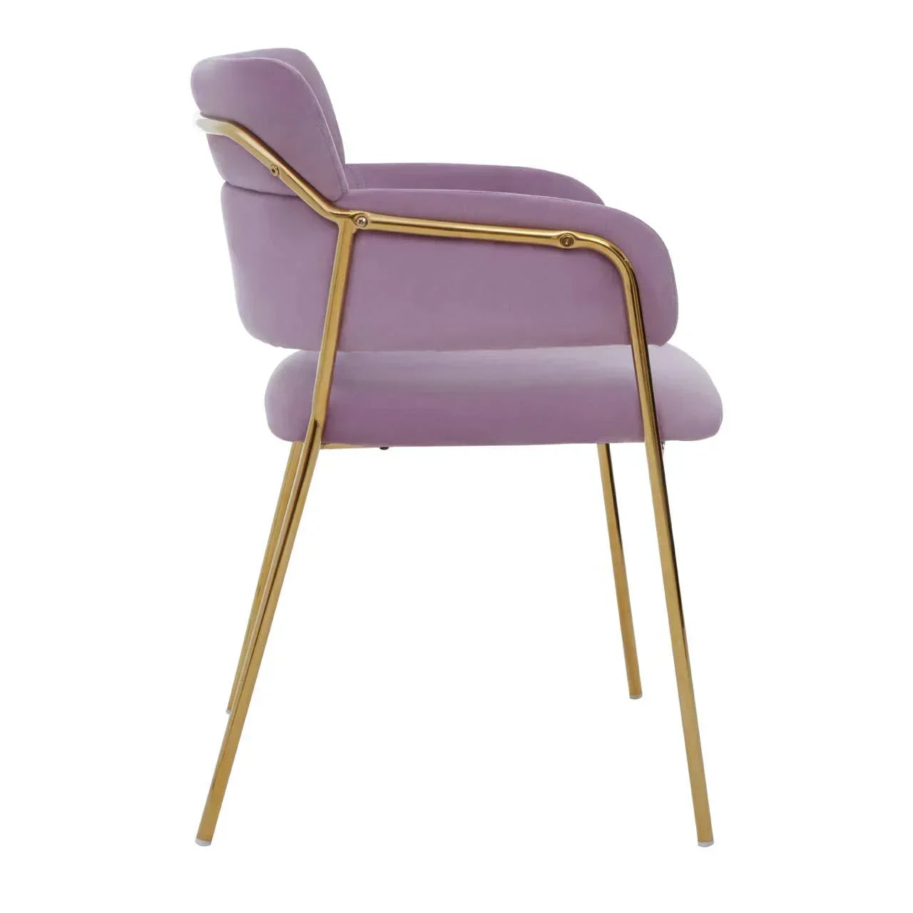 Purple velvet accent chair with gold metal legs and armrest, side profile view