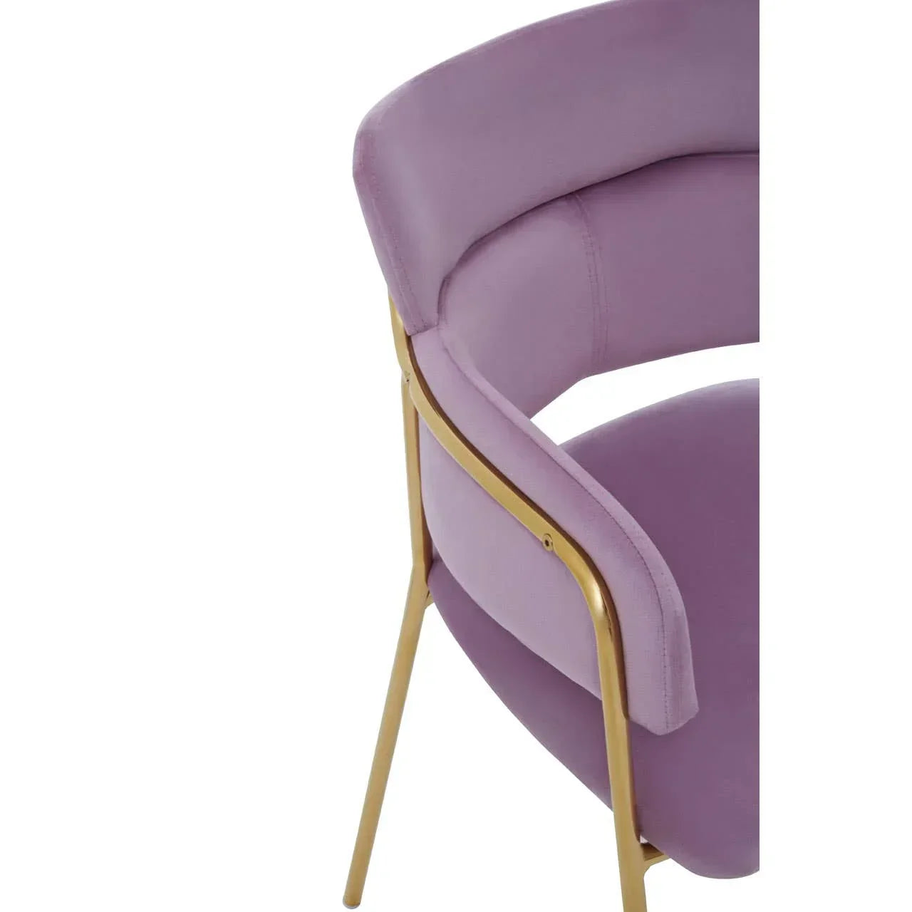 Mauve upholstered dining chair with gold metal legs and curved backrest detail
