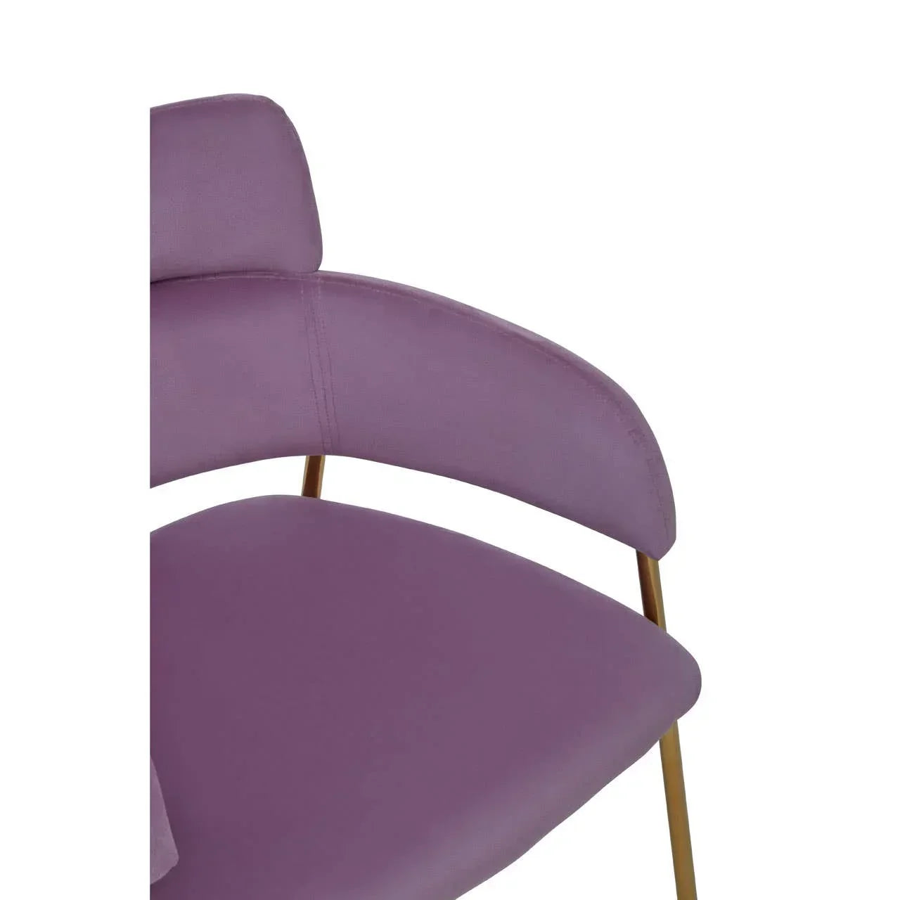 Close-up of modern purple accent chair with gold metal legs and curved padded backrest