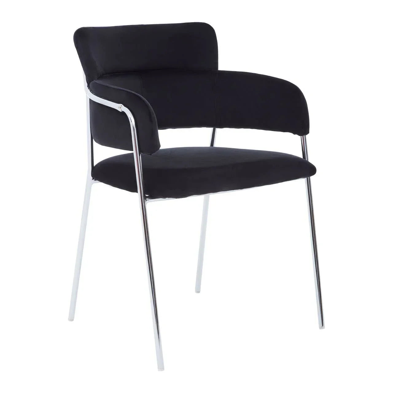 Black dining chair with chrome metal legs and padded armrests, side angle view