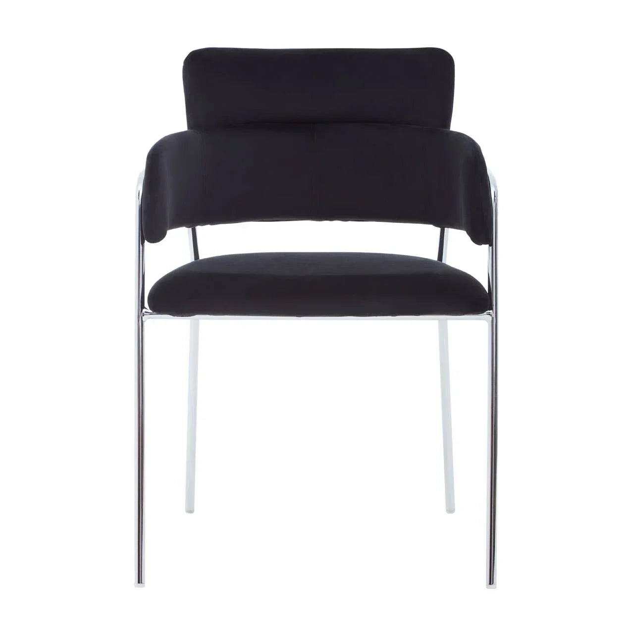 Black fabric dining chair with chrome frame, front view