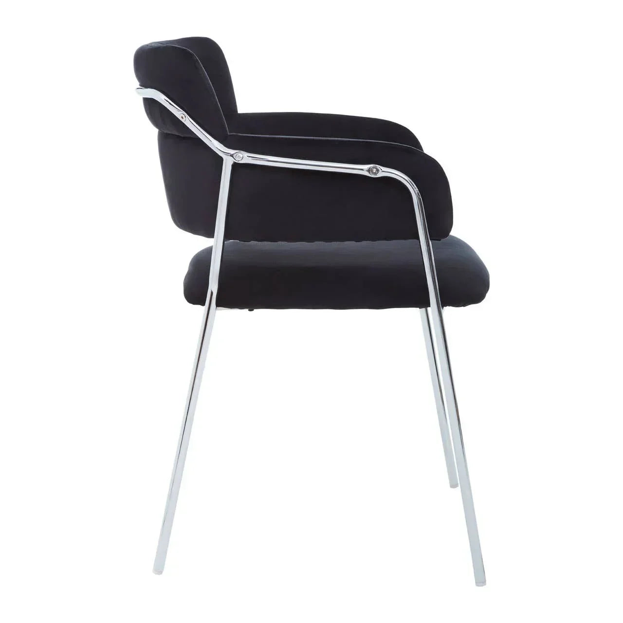 Black dining chair with chrome legs and padded seat in side profile view