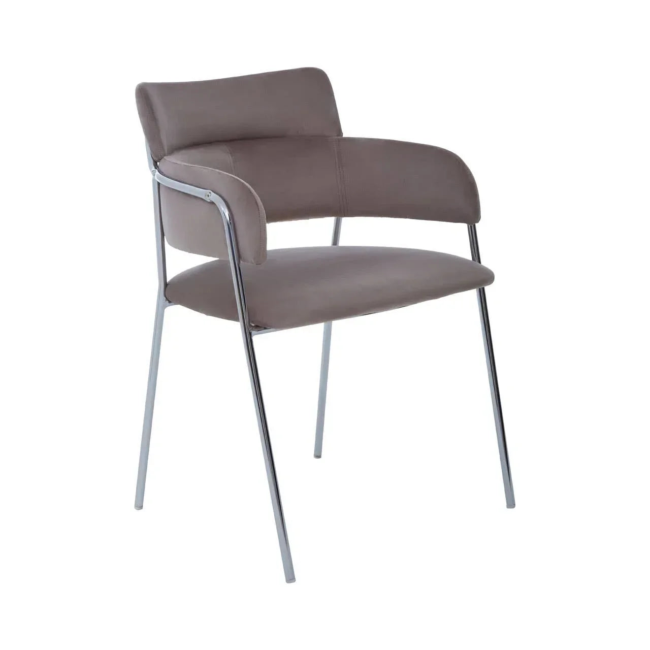 Grey upholstered dining chair with chrome legs and curved backrest
