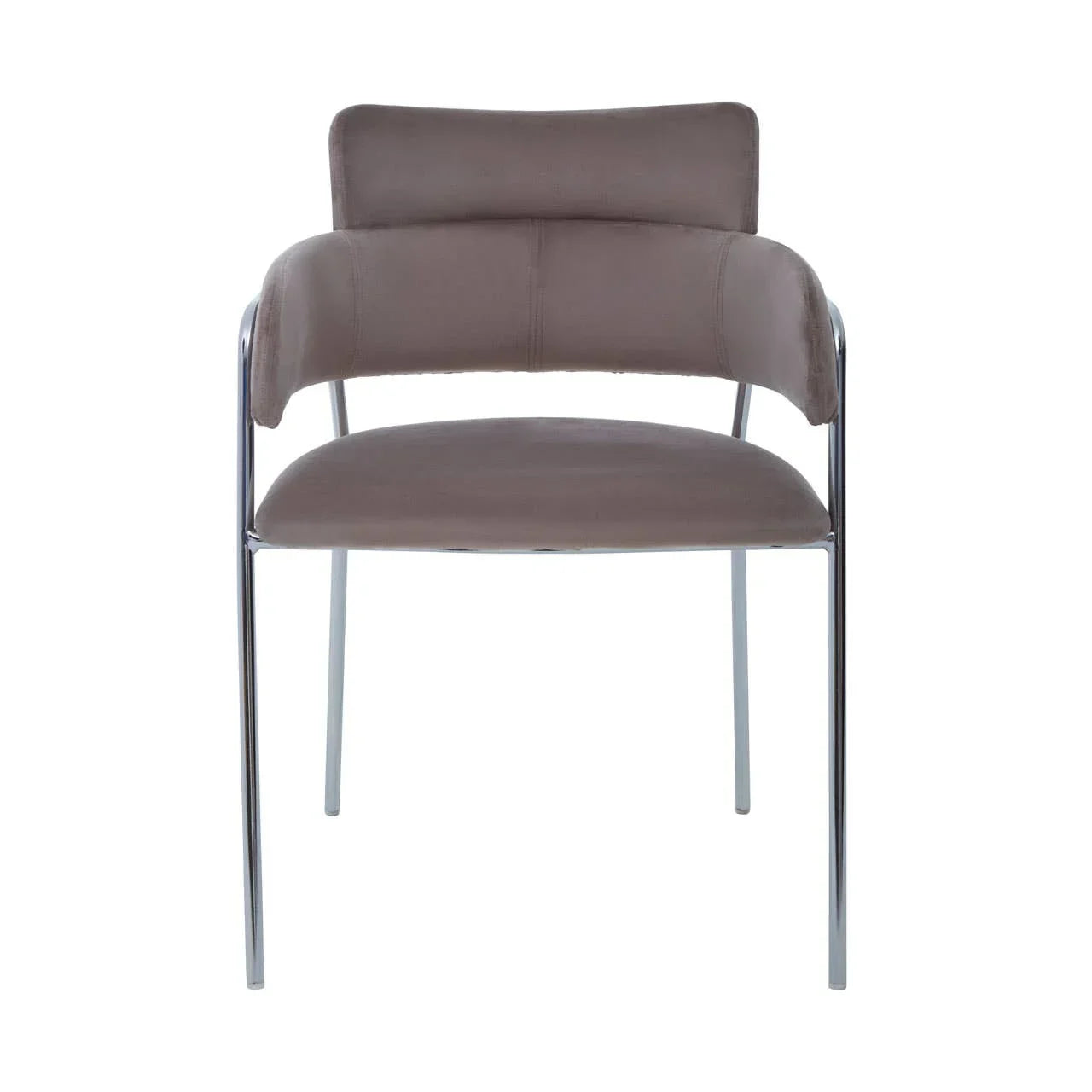 Modern grey dining chair with chrome legs and curved padded backrest, front facing view