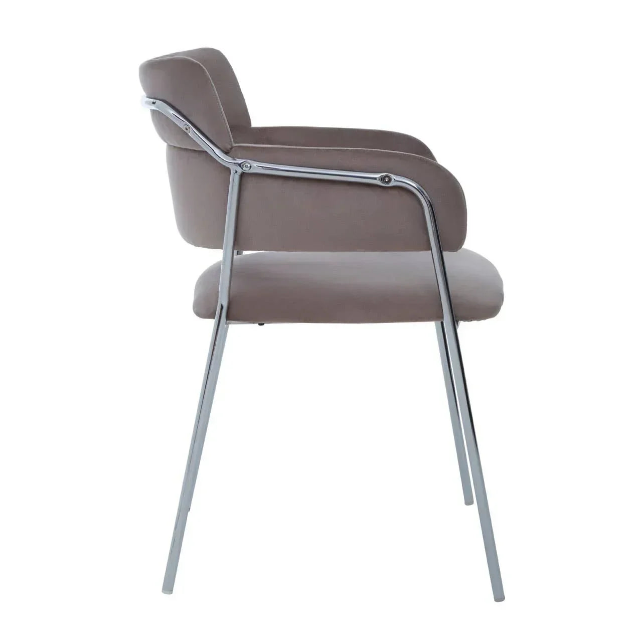 Side profile of taupe fabric dining chair with chrome metal legs and armrests
