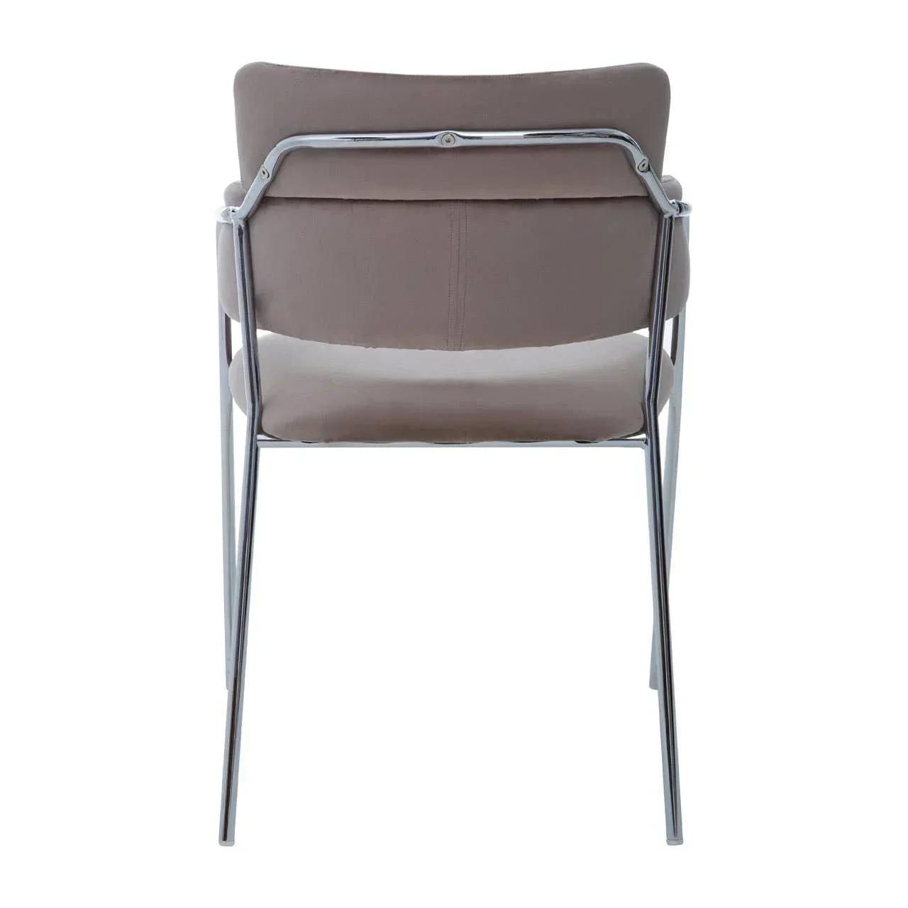 Back view of taupe upholstered dining chair with chrome metal frame