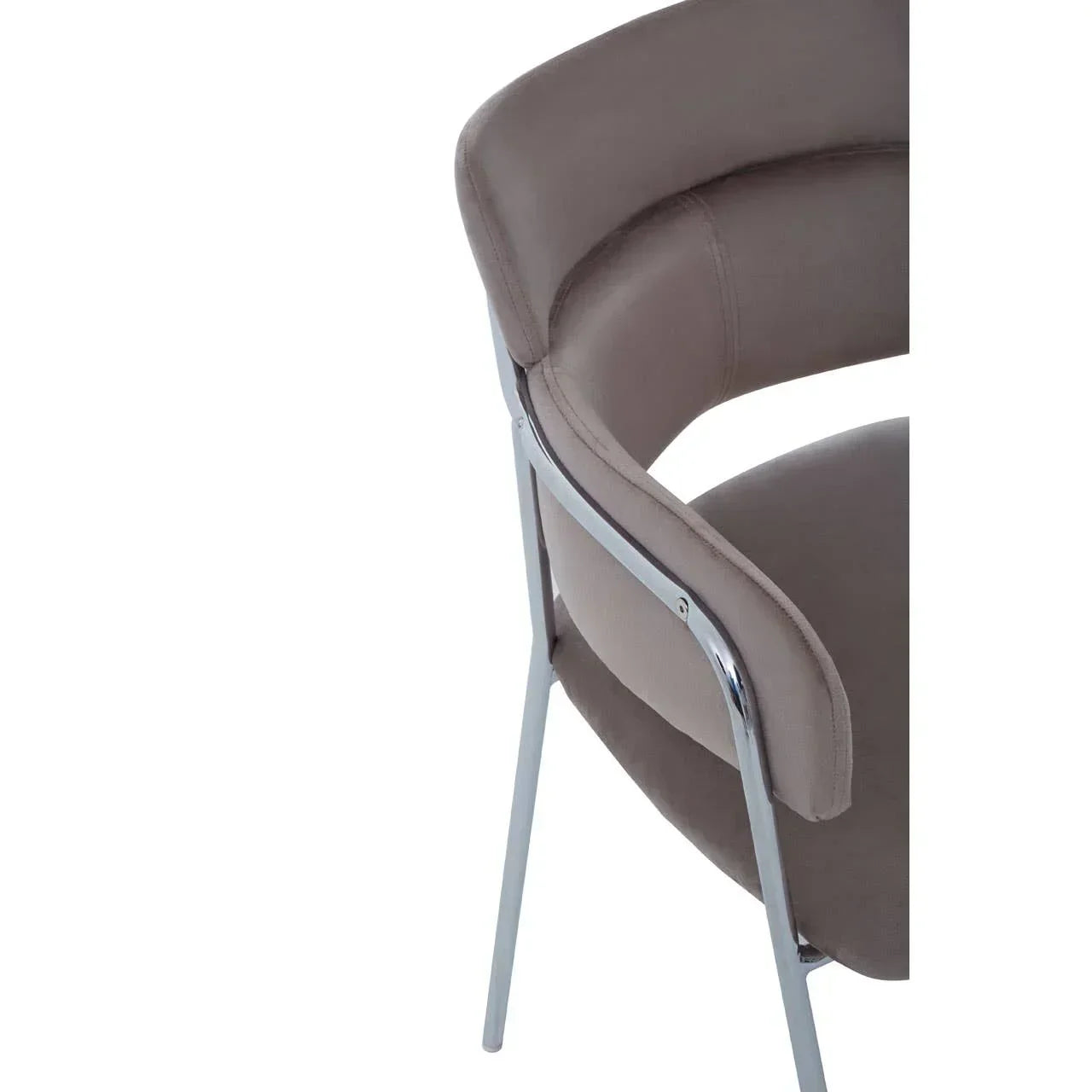 Brown dining chair with chrome frame and curved upholstered backrest, rear side view