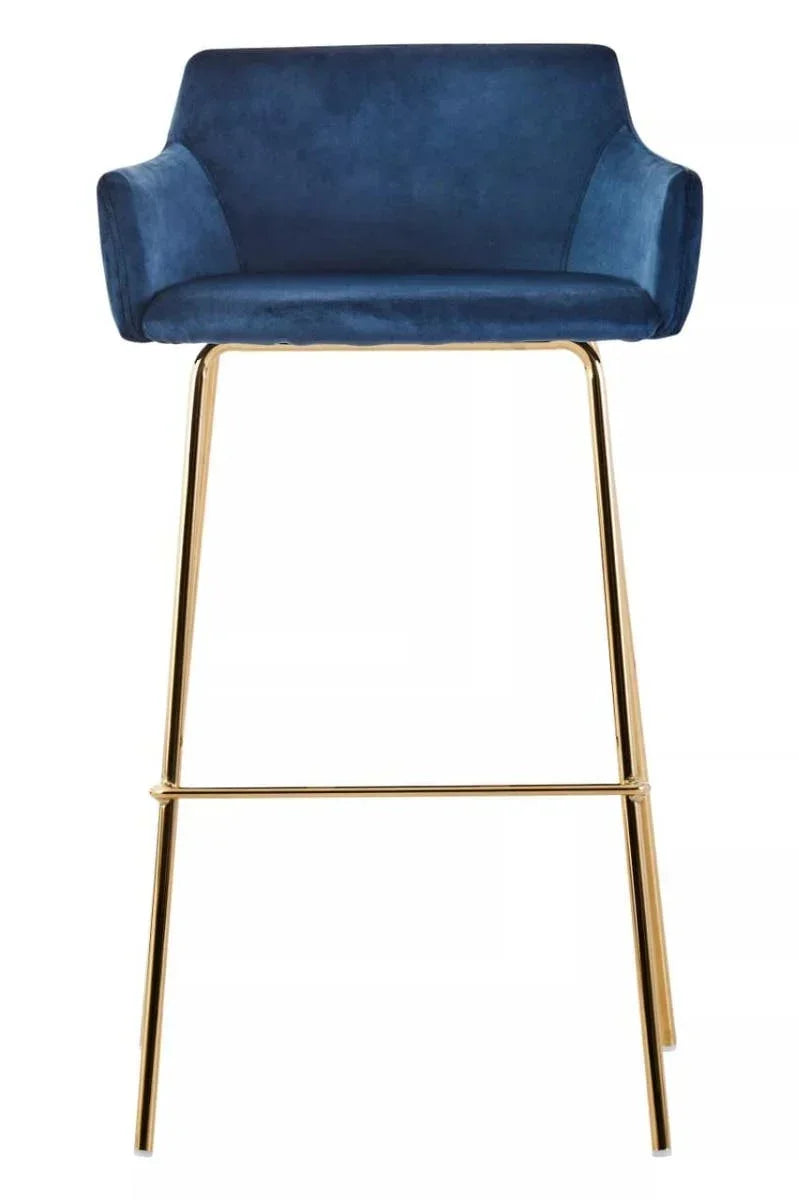 Blue velvet bar stool with gold metal legs and low backrest, front view