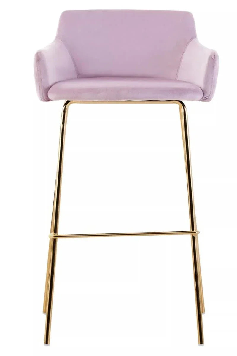 Lilac velvet bar stool with gold metal legs and cushioned armrests, front view