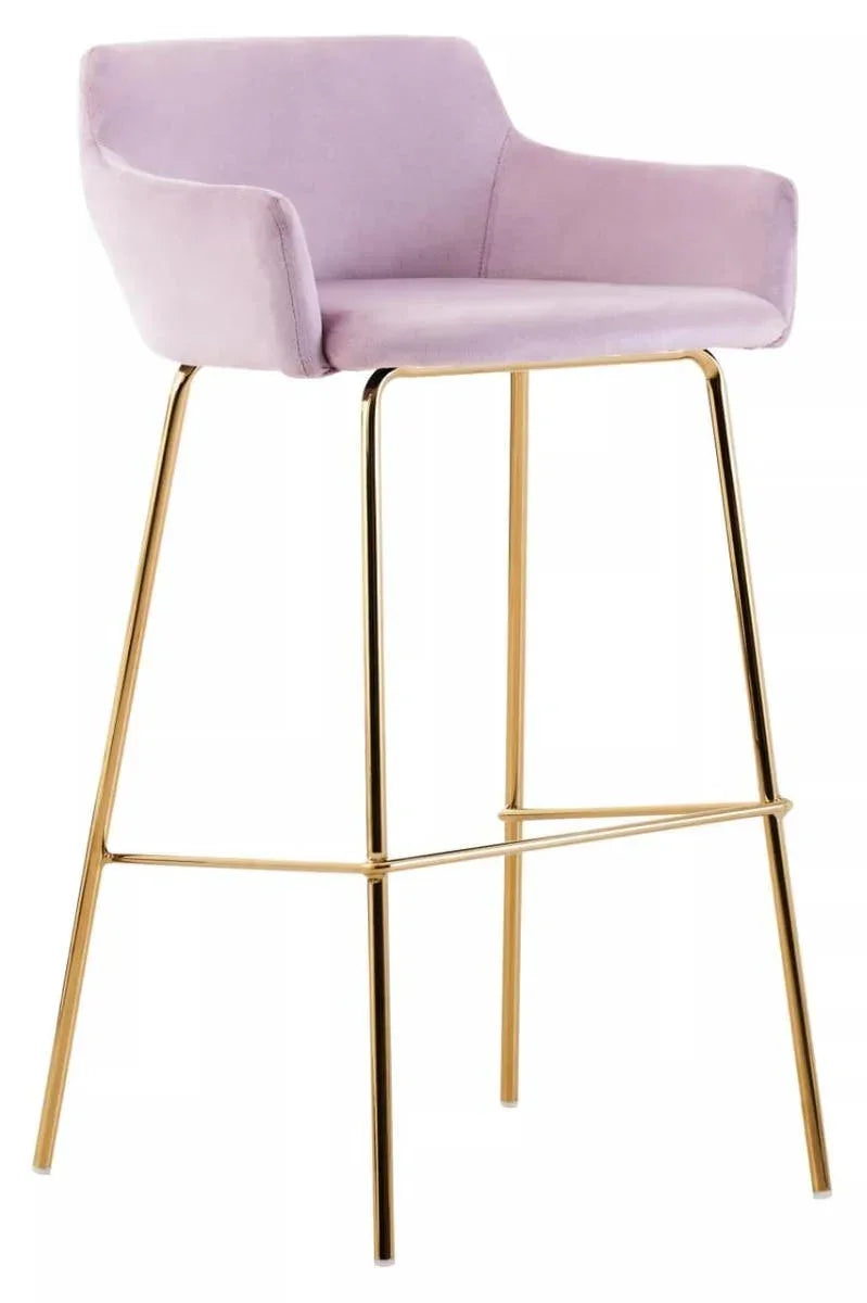 Velvet bar stool with mauve seat, gold metal legs, and low backrest on white background