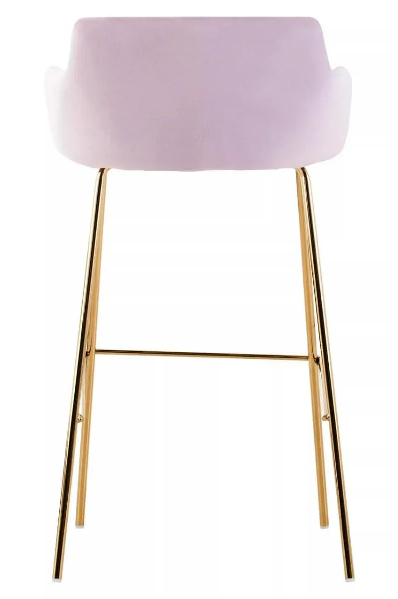 Velvet bar stool with pale pink upholstered seat and gold metal legs, rear view